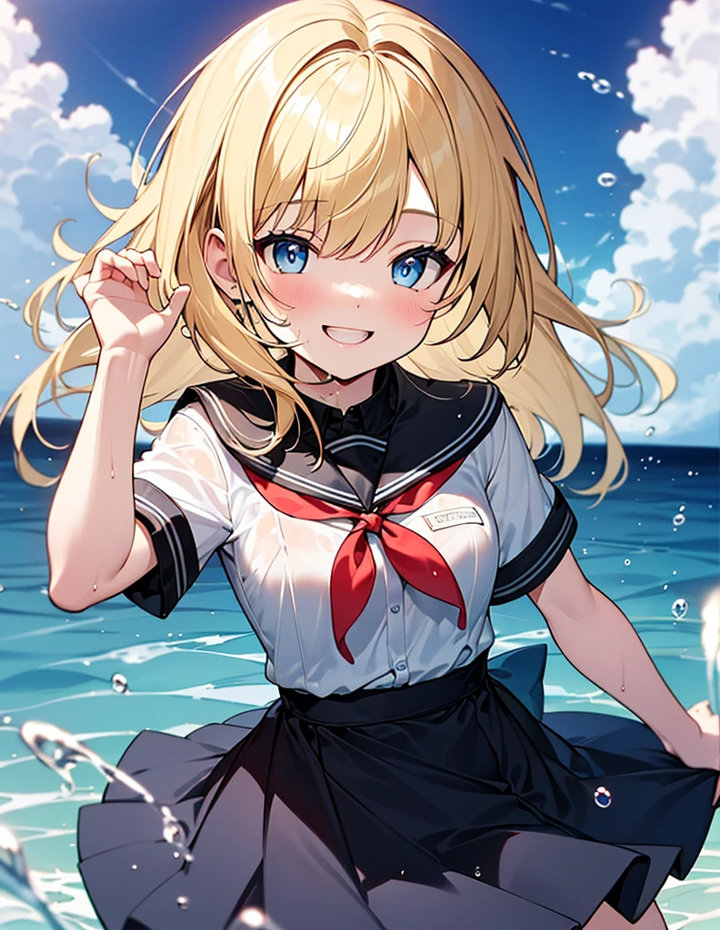 (8k, Highest quality, masterpiece: 1.2),Ultra-high resolution, 1 person, cute, Small breasts, solo,Highly detailed face, School Uniform, White blouse, Waiter Skirt, Medium, Blonde, Blue Eyes, Ocean, Wavy, splash, Childlike, The best smile, soaked