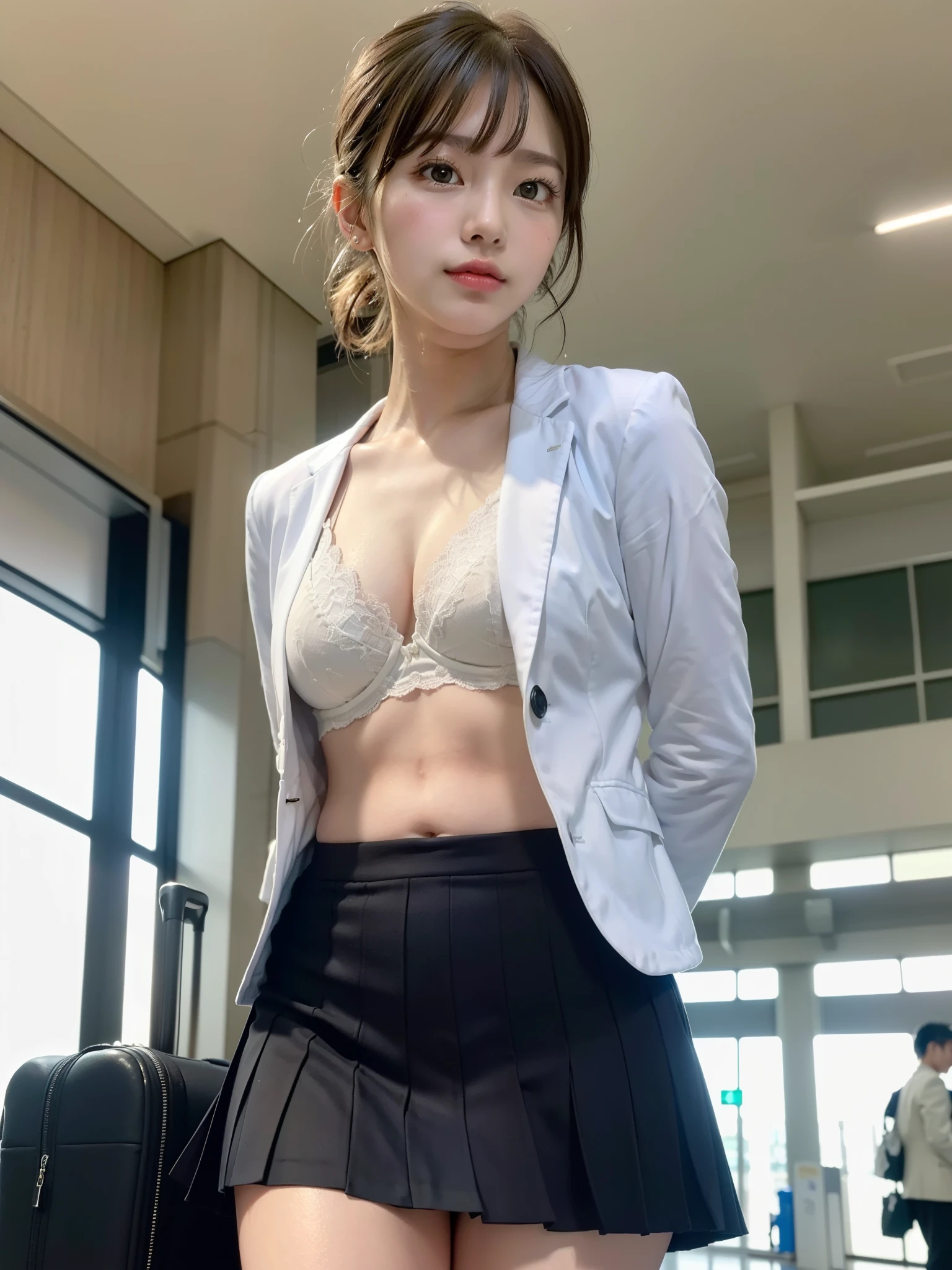 Top image quality、Raw photography、ultra-highres、16-year-old Korean、very large breast、Cleavage small breasts、Student uniforms、Collared shirt、School uniform shirt、Shirt not closed、Plaid skirt、Black bra、fair white skin、shiny white skin、Short Bob、bright silver hair、light white hair、、Beautiful eyes with random colors、Very thin lips、Beautiful eyes in every detail、elongated eyes、pale pink blush、long eyelash、Beautiful double eyelids、eyeshadows、Beautiful abs、Beautiful navel、Beautiful ribs、neckless、ear ring、Night School、Library dimly lit at night、Very dark atmosphere、Very frightening atmosphere、Black ceiling、Black walls、Very dark lighting