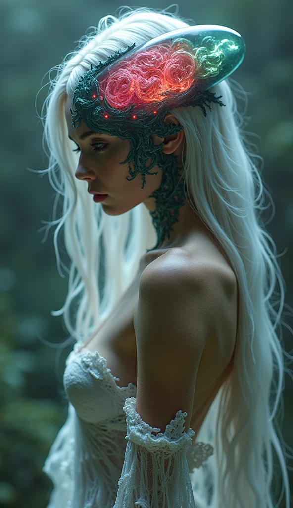 white forest in the background, colorful design, Aurora, mythical and fatal seduction, porous white hair, big eyes, blue eyes, body covered in tattoos, red lips, dark light, flirtatious pose, seduction, bright light. mystical, leaves covering his private parts. Well detailed body, well detailed face, detailed eyes, detailed hands, strict details,Tattoo. magical.