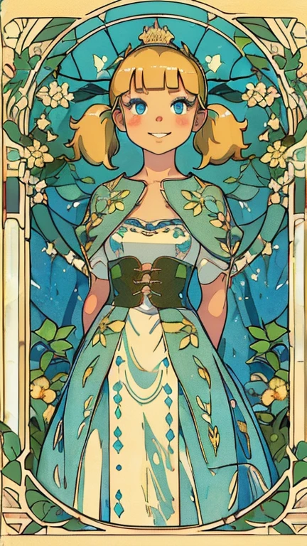 (1girl, solo, highly insanely detailed, masterpiece, top quality, best quality, highres, 4k, 8k, RAW photo),((innocent look)),((Childish)),From the front, symmetrical composition,smile,cute,Innocent,Kind eyes,Flat chest,ArsMJStyle, Art Nouveau Style, forest, vines, (penny), (blonde hair, twintails, blunt bangs, blue eyes),
(v1nedr3ss)