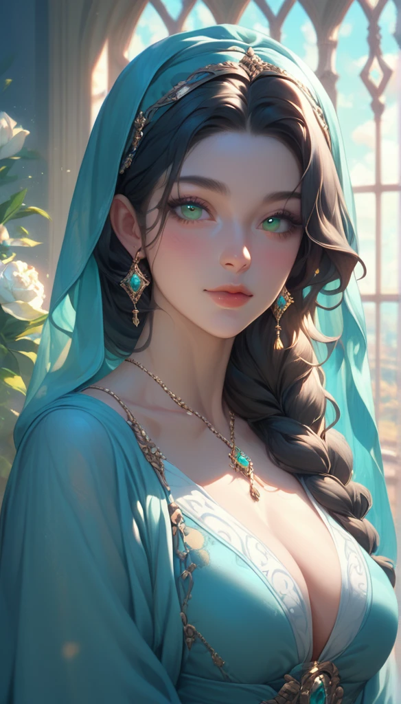 Mother of Jesus, Black hair and green eyes, light brown skin, Wearing a light blue robe, And a sky-blue veil, A calm expression that brings peace (whole body) Near the window, Illuminated by the moonlight (Magnificent and realistic)