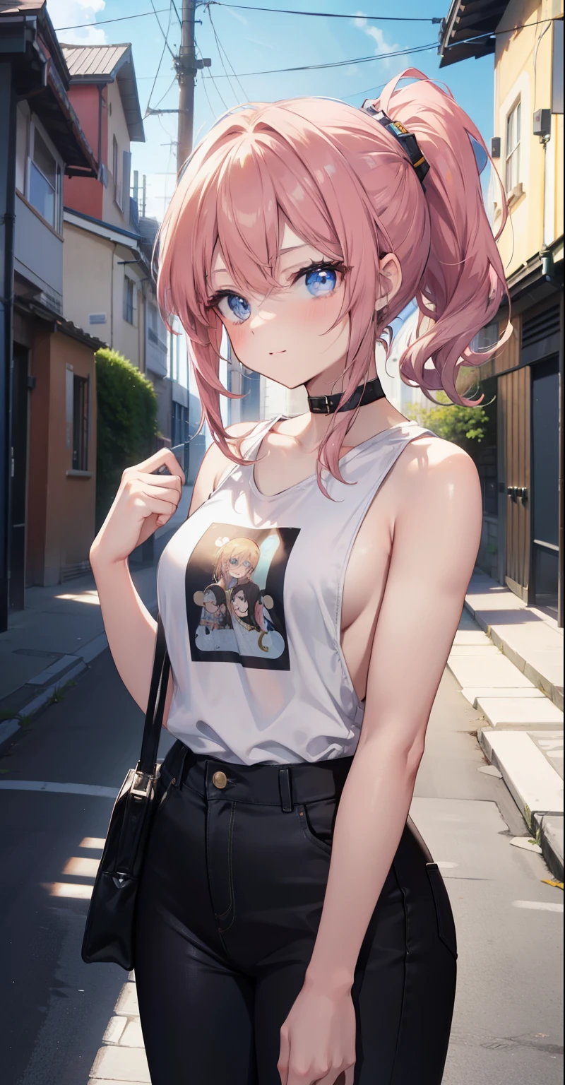 16k, ultra realistic, High, best quality, master piece, half-length image, a beautiful girlfriend posing for a photograph in an alley, wearing a modern pink sleeveless t-shirt, black jeans, goggles, brown ponytail, bangs , happy laugh, blue eyes, lean muscular body, perfect anatomy, looking at the camera, Time of day, blue sky, anime style, outdoors, trending on ArtStation, WLOP, Sakimichan