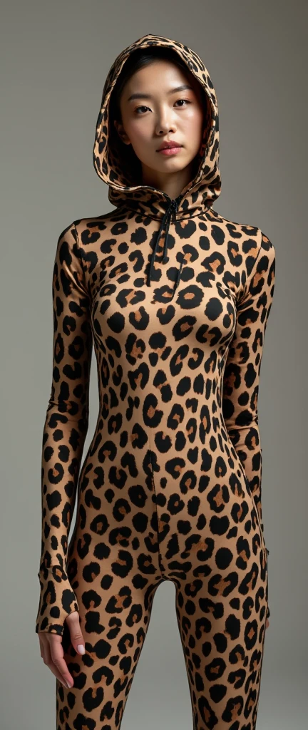The beautiful and slender thin asian muslumah adult girl with beautiful cheeks wears white leopard print lycra turtleneck unitard catsuit covered with spots and white leopard print lycra elastane stretchy dancewear 100% stretchy hijab covered with spots.She is happy.She always put leopard spots animal face beauty performance makeup.