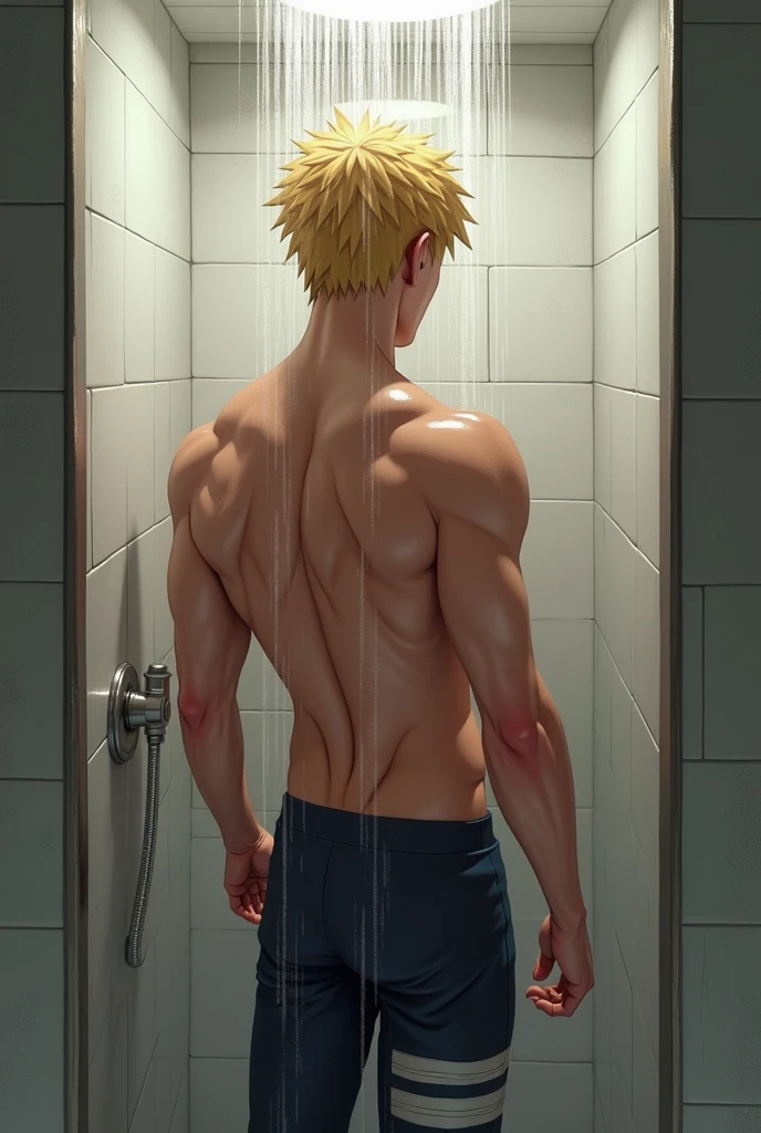 Bakugou Katsuki, 1boy, 20 year old boy, standing naked flexing and showing off his fit body in the shower, fair skin light skin, hands behind head flexing . In bathroom shower background with glass door. Dark scenery dynamic low light, highly detailed body. naked flaccid penis and scrotum and wet body with soap lather on head, Body is symmetric and good anatomy. Front view, full body, low angle full body, soap lather. Wet body with shower spraying water.