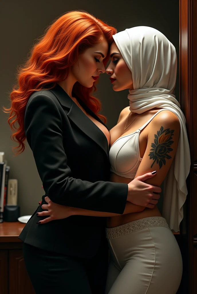 2woman, 3-Years-Old,Female Teacher, Hijab Beautiful Indonesian Woman, Wearing Tight Gamis, wearing bra, White Porcelain Skin, Realistic Ultra,,2, Lesbian Sex, deeply in Lustful,nipple lick,one finger on pussy,lay down on a table