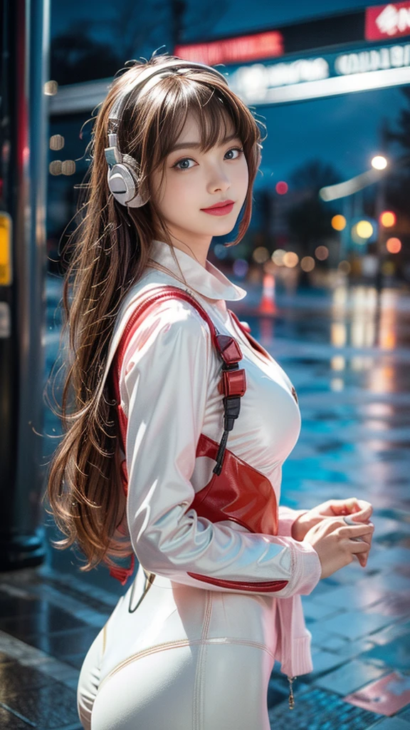 A full bocy image of a woman, a low angle shot, Asuka Langley Soryu stands confidently in her Plug Suit bodysuit, blue eyes shining like sapphires as she gazes out at the rainy cityscape. The red accents on her suit glow softly under the vivid pink lips and smile, illuminated by the photorealistic rain-soaked scenery. Her interface headset gleams with a subtle shine, contrasting with the Ultra HD rendering of the night sky above. Super-high-quality details define every aspect of this masterpiece: from the anatomically correct hands to the realistic skin texture and perfectly posed figure.