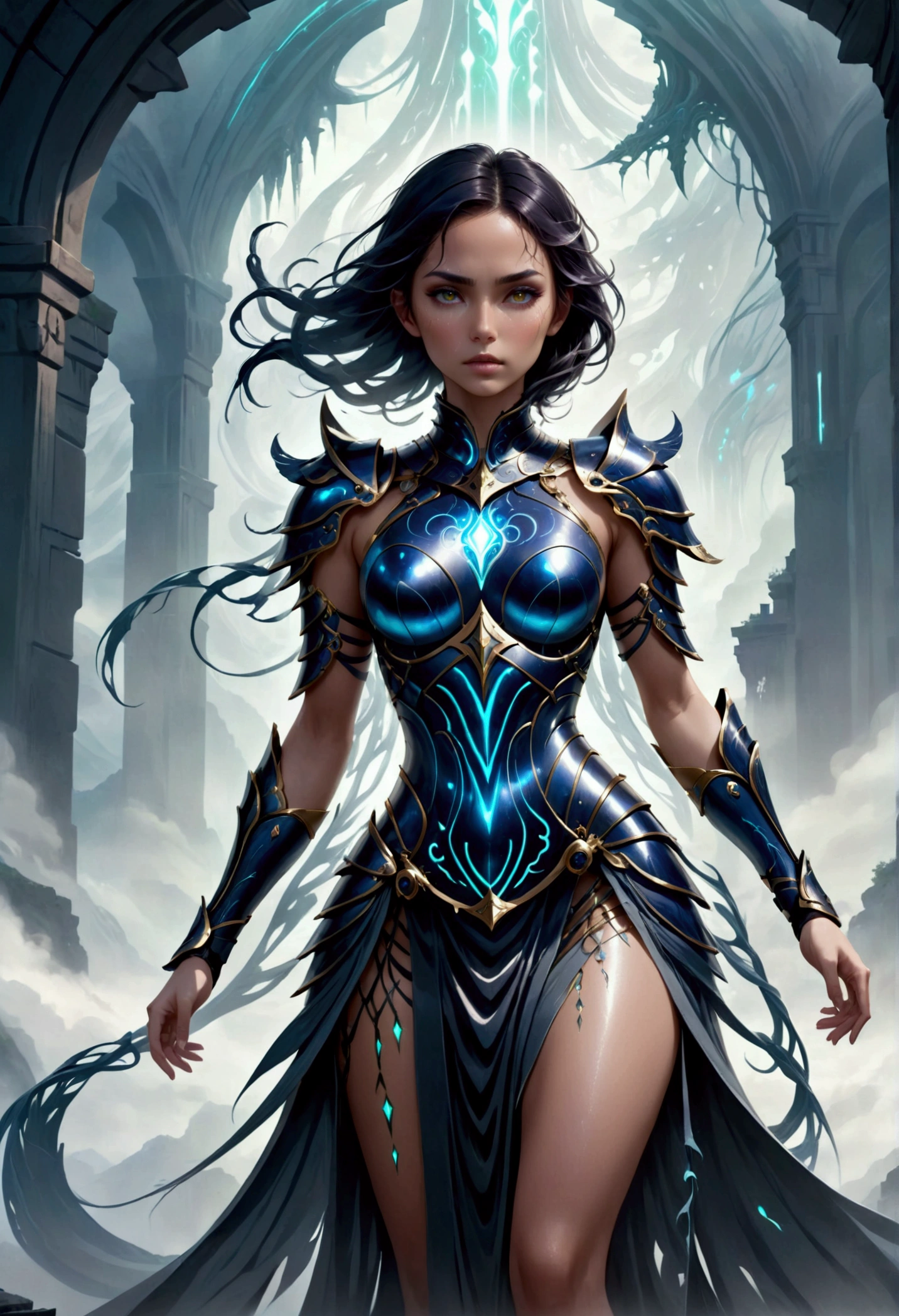 A stunning female fantasy warrior stands confidently, her body adorned with living, symbiotic armor that clings to her form like a second skin. The armor is revealing, sleek and organic, with tendrils and plates that shift and reform around her, as if it has a mind of its own. The material is dark and metallic, with subtle, glowing veins running through it, giving the armor a mystical and otherworldly appearance. The design of the armor is intricate and alluring, with strategic cuts and flowing patterns that accentuate her figure without revealing too much, maintaining an air of elegance and strength. Her expression is fierce yet beautiful, with piercing eyes and a determined gaze. The background is a mystical, foggy landscape, adding to the fantasy atmosphere.