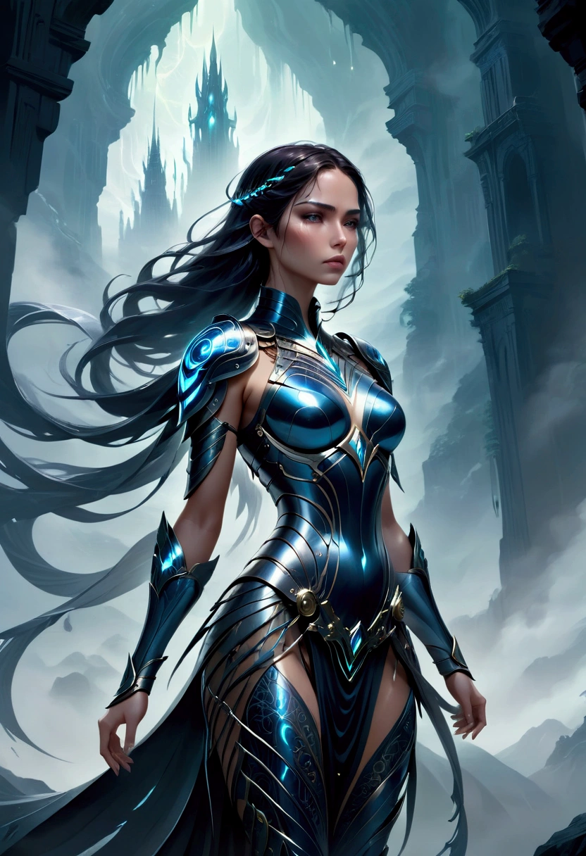 A stunning female fantasy warrior stands confidently, her body adorned with living, symbiotic armor that clings to her form like a second skin. The armor is revealing, sleek and organic, with tendrils and plates that shift and reform around her, as if it has a mind of its own. The material is dark and metallic, with subtle, glowing veins running through it, giving the armor a mystical and otherworldly appearance. The design of the armor is intricate and alluring, with strategic cuts and flowing patterns that accentuate her figure without revealing too much, maintaining an air of elegance and strength. Her expression is fierce yet beautiful, with piercing eyes and a determined gaze. The background is a mystical, foggy landscape, adding to the fantasy atmosphere.