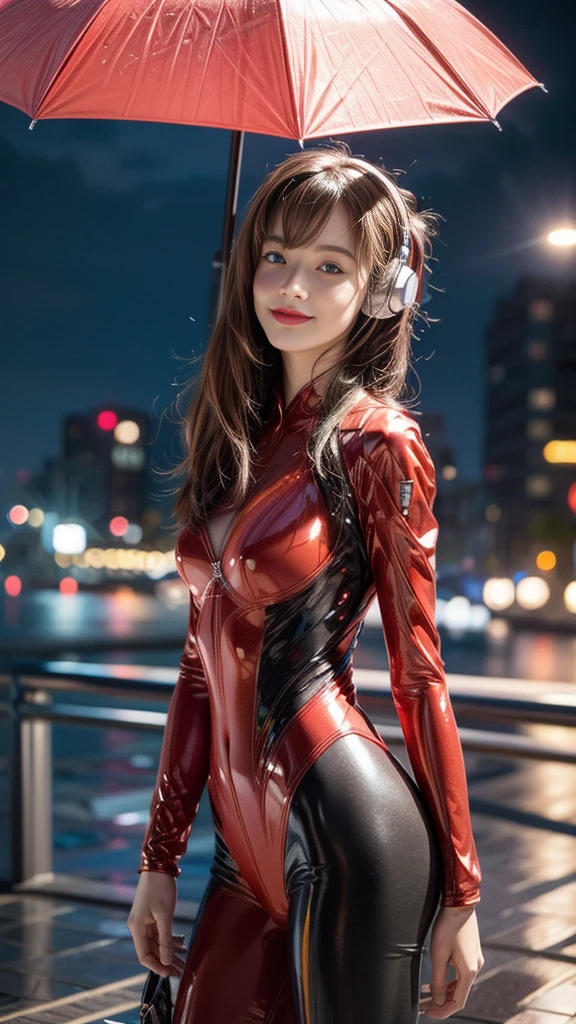 A full bocy image of a woman, a low angle shot, Asuka Langley Soryu stands confidently in her Plug Suit bodysuit, blue eyes shining like sapphires as she gazes out at the rainy cityscape. The red accents on her suit glow softly under the vivid pink lips and smile, illuminated by the photorealistic rain-soaked scenery. Her interface headset gleams with a subtle shine, contrasting with the Ultra HD rendering of the night sky above. Super-high-quality details define every aspect of this masterpiece: from the anatomically correct hands to the realistic skin texture and perfectly posed figure.