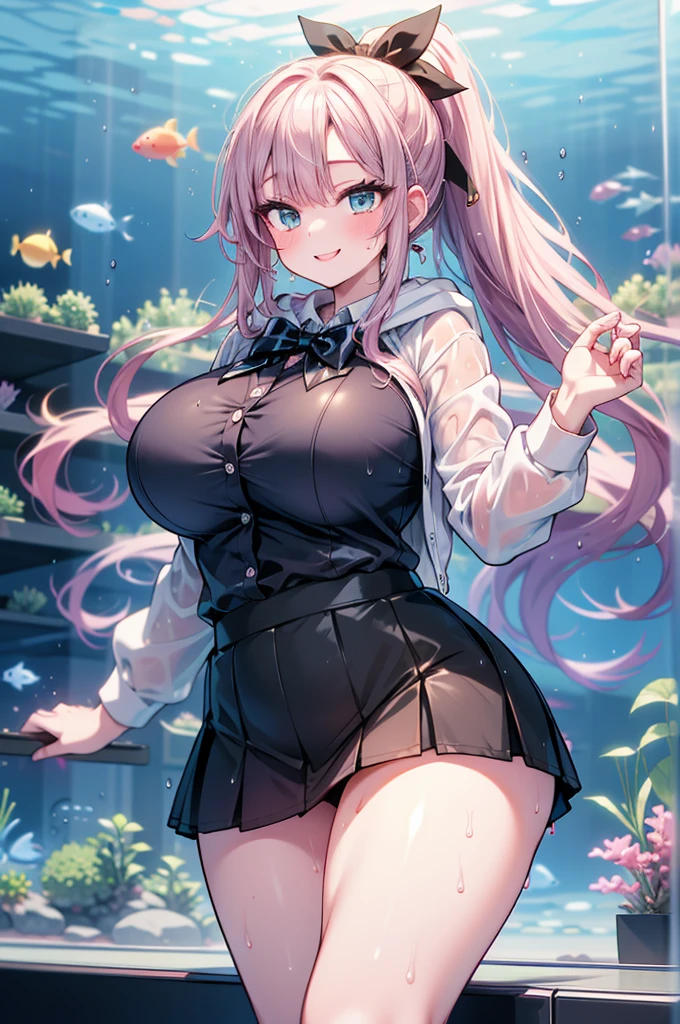 Erotic Anime Illustration、Anime Style、highest quality、Plump Gal、Poolside、Moist body、Perfect proportions、Sex Appeal、Very large breasts、Fatty legs、Erect nipples、Exposed nipples、Exposing Vagina、Showing off her vagina、Completely naked、smile、Big Ass