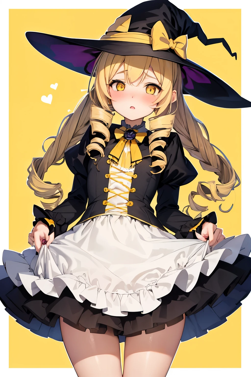 (Highest quality:1.2), alone, One woman, Tomomi, blonde hair, drill hair, twin drills, (yellow eyes:1.3)、(blush:1.1), Embarrassing, View your viewers, ((Witch's Clothes))、((mini skirt))、((((Panty stocking))))、((Photo from below))、((boots))