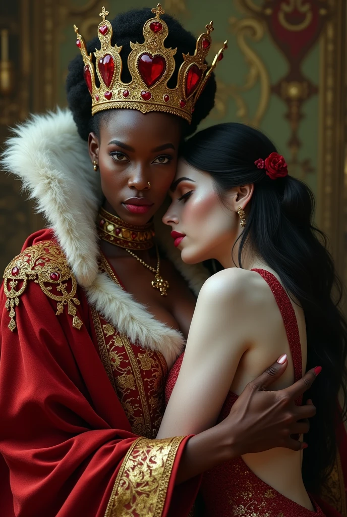 white skinned russian imperial queen with dark skinned daughter, and dark skinned african tribal queen with pale white skinned daughter,medeval age, both have a similar build, both are sitting an a bench , in a luxurious palace , both their faces have a angry frown , kissing eachother while they hide a ornate knife is in their hands behind their back while their daughters are in the distance kissing in the pool