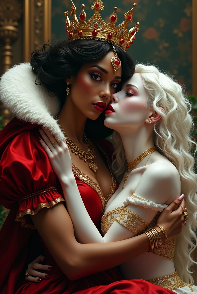white skinned russian imperial queen with dark skinned daughter, and dark skinned african tribal queen with pale white skinned daughter,medeval age, both have a similar build, both are sitting an a bench , in a luxurious palace , both their faces have a angry frown , kissing eachother while they hide a gold glowing ring in their hands behind their back while their daughters are in the distance kissing in the pool