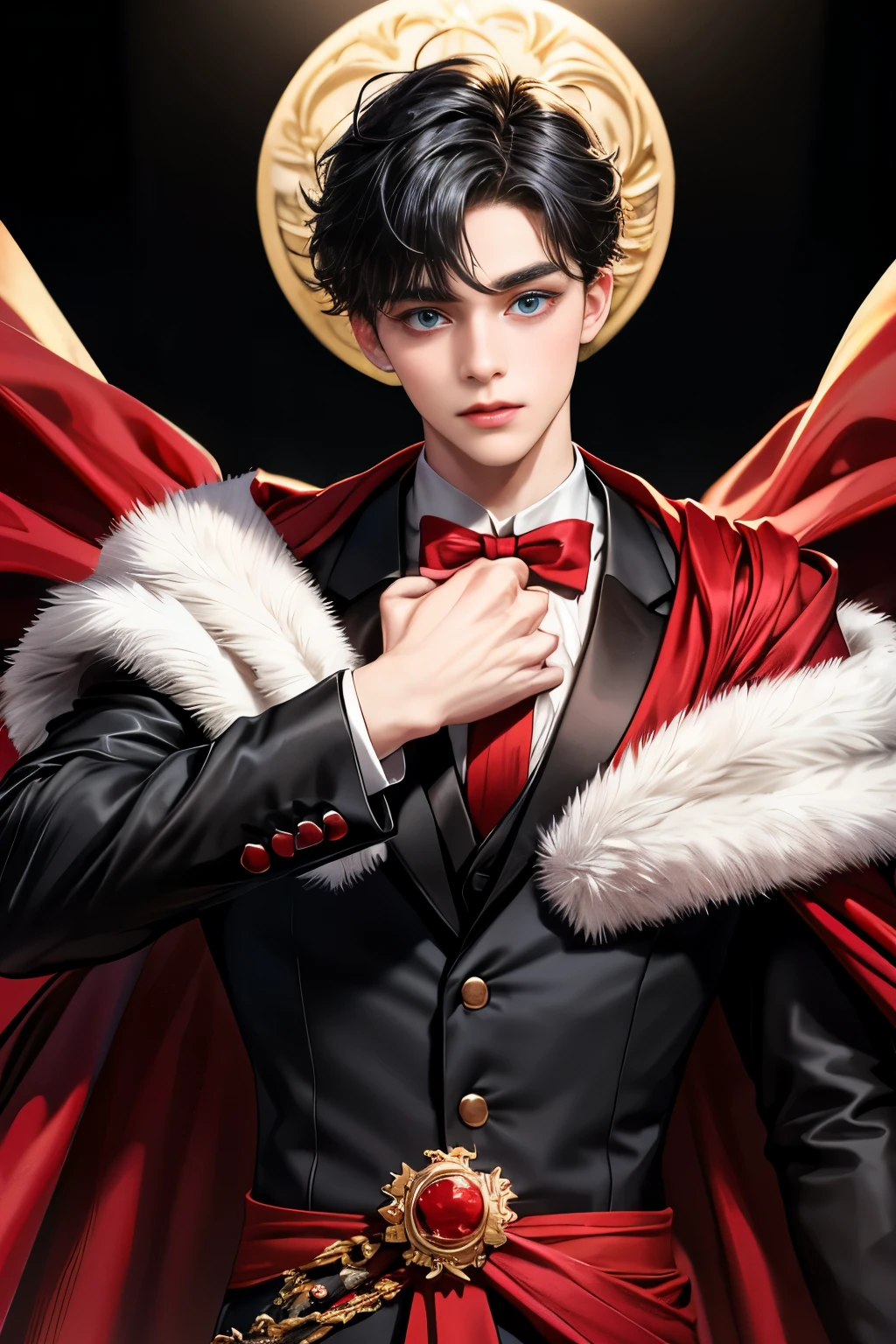 masterpiece, 最high quality, high quality, 1 boy, alone, Male focus, Upper Body,Watching the audience, Messy black hair, Adorable big blue eyes, White, Noble, Noble,A black and red cape that is bursting with sexy volume、Tuxedo、A very voluminous, large, very large, very large, long, long red and black cape with a high stand-up collar, made of a lot of fabric that reaches down to the floor., ,cute beautiful,Cute, cute, kind, handsome guy