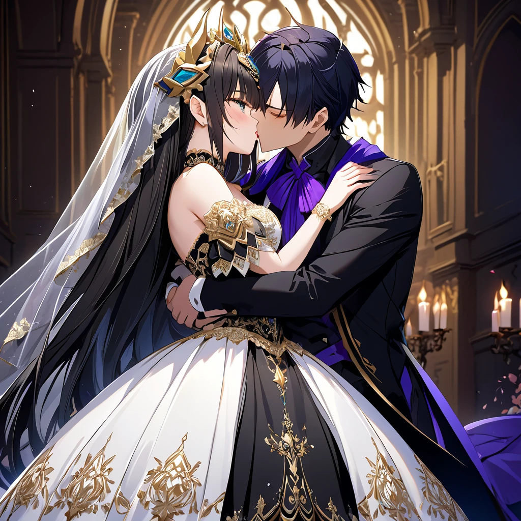 ((Highest quality)), ((masterpiece)), (detailed), （Perfect Face）、The woman is Extia Spica、The woman is wearing a gorgeous black wedding dress with gold embroidery and trim, and a black wedding veil, and is embracing and kissing the great demon king to celebrate their wedding.