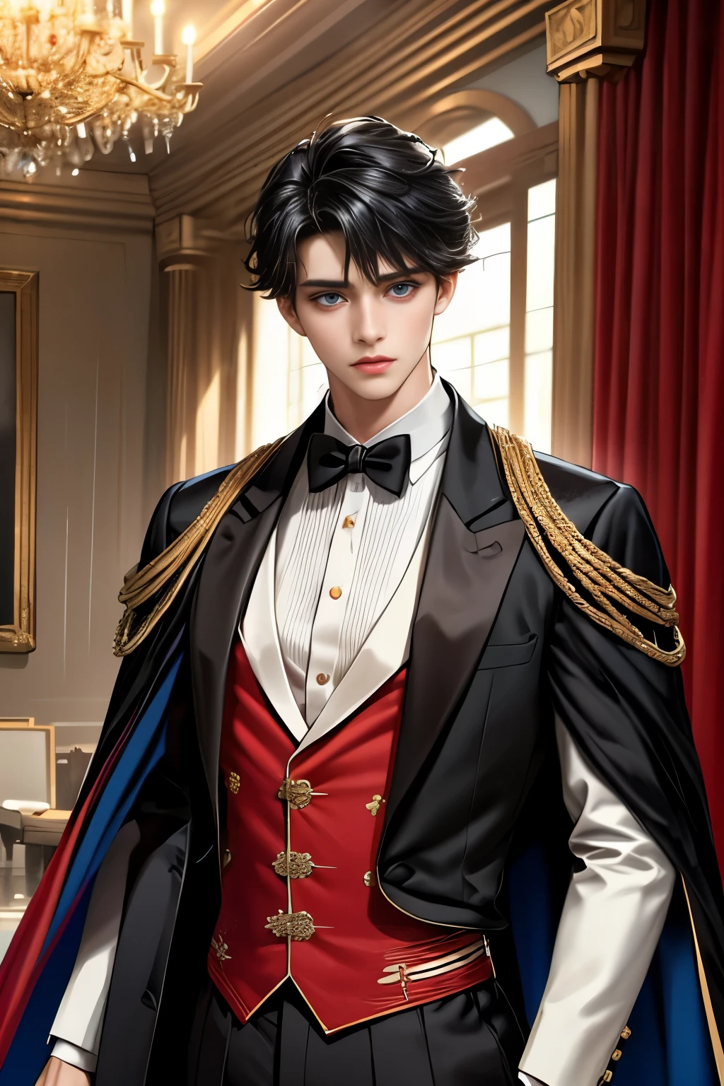masterpiece, 最high quality, high quality, 1 boy, alone, Male focus, Upper Body,Watching the audience, Messy black hair, Adorable big blue eyes, White, Noble, Noble,A black and red cape that is bursting with sexy volume、Tuxedo、A very voluminous, large, very large, very large, long, long red and black cape with a high stand-up collar, made of a lot of fabric that reaches down to the floor., ,cute beautiful,Cute, cute, kind, handsome guy