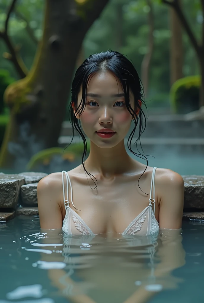 Best quality, masterpiece, super high resolution, a super model soaking in a hot spring in Japan, outdoor hot spring, stone hot spring, surrounded by moss and trees, super beautiful face, pure body, clear pores visible, (smile:0.8), wearing split (lace bandeau:1.2), (realism:1.5), original photo, soaked body, covered in sweat, bare shoulders, in the dark, deep shadows, low-key, cold light