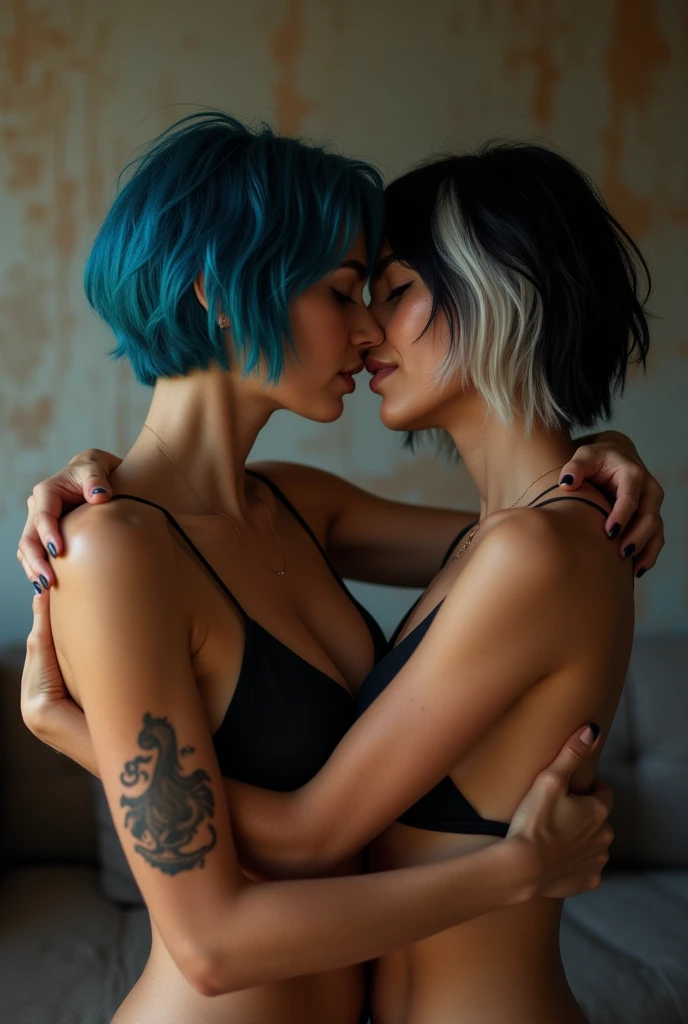 Young women, one redhead and the other blue hair, similar to Erika Eleniak, totally , lesbihing their vulvas mutually having an orgasm in bederate for immense sexual pleasure, fuy, open legs, showing their large naked vulvas, very detailithout any clothes, large naked breasts, very detailed, odies an orgasm with squirt, uncensored adult photo with sex positions