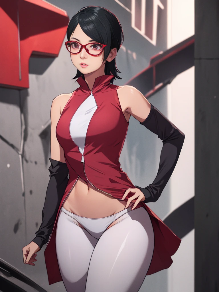 One girl,alone,Black Hair,short hair, Iris,skinny,Cowboy Shot, Forehead protector,(dress:1.1),(White shorts:0.8), Black knee socks, Thigh holster, Arm warmers, Exposing shoulders, Outdoor,pelvis,赤いフレームのGlasses, Glasses,pelvis curtain, In-person audience, zipper, Shiny Hair,Combat Stance