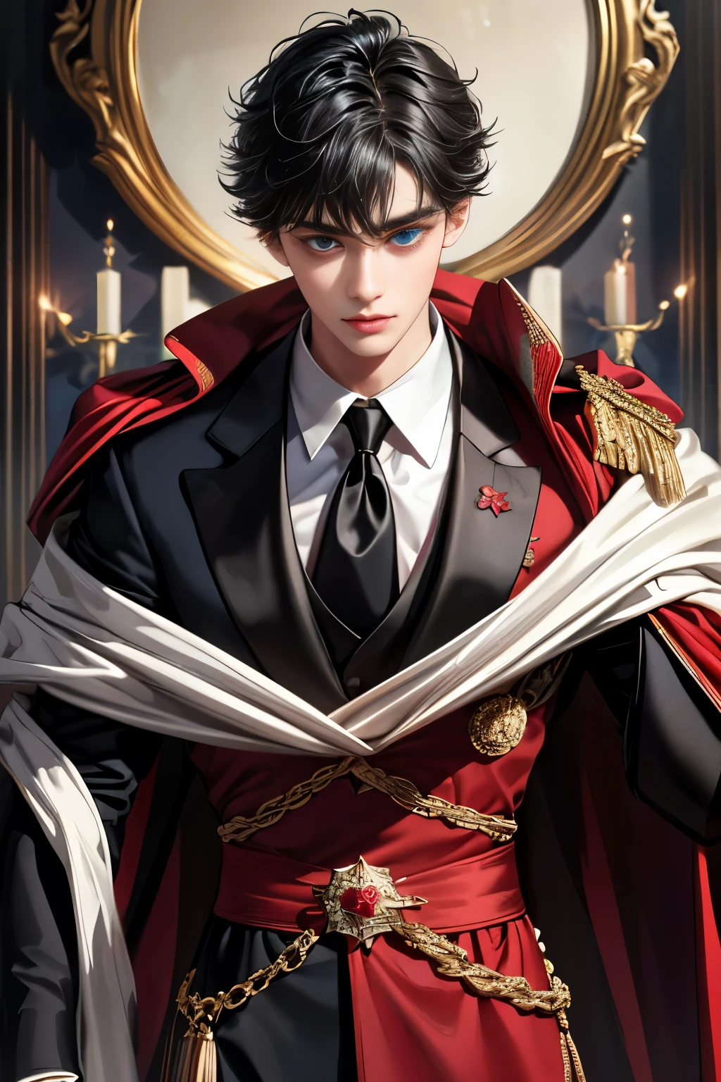 masterpiece, 最high quality, high quality, 1 boy, alone, Male focus, Upper Body,Watching the audience, Messy black hair, Adorable big blue eyes, White, Noble, Noble,A black and red cape that is bursting with sexy volume、Tuxedo、A very voluminous, large, very large, very large, long, long red and black cape with a high stand-up collar, made of a lot of fabric that reaches down to the floor., ,cute beautiful,Cute, cute, kind, handsome guy