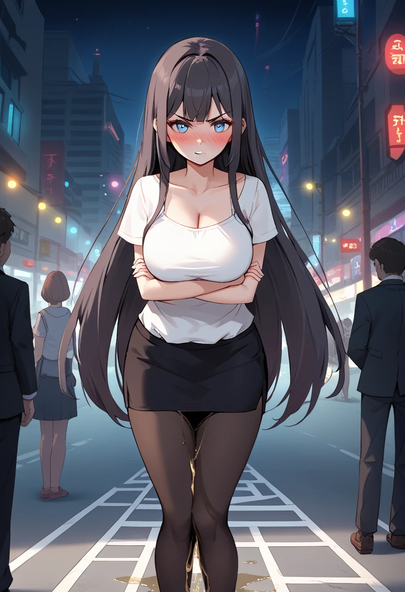 1girl, woman, (wetting self:1.5), desperation, (very long hair:1.5), straight hair, medium bangs, huge breasts, black hair, blue eyes, black pencil skirt, pantyhose, cleavage, (blushing:1.5), humiliation, angry, trembling, (arms crossed:1.5), city, street, crowd, night, futuristic, colorful lights, colorful city