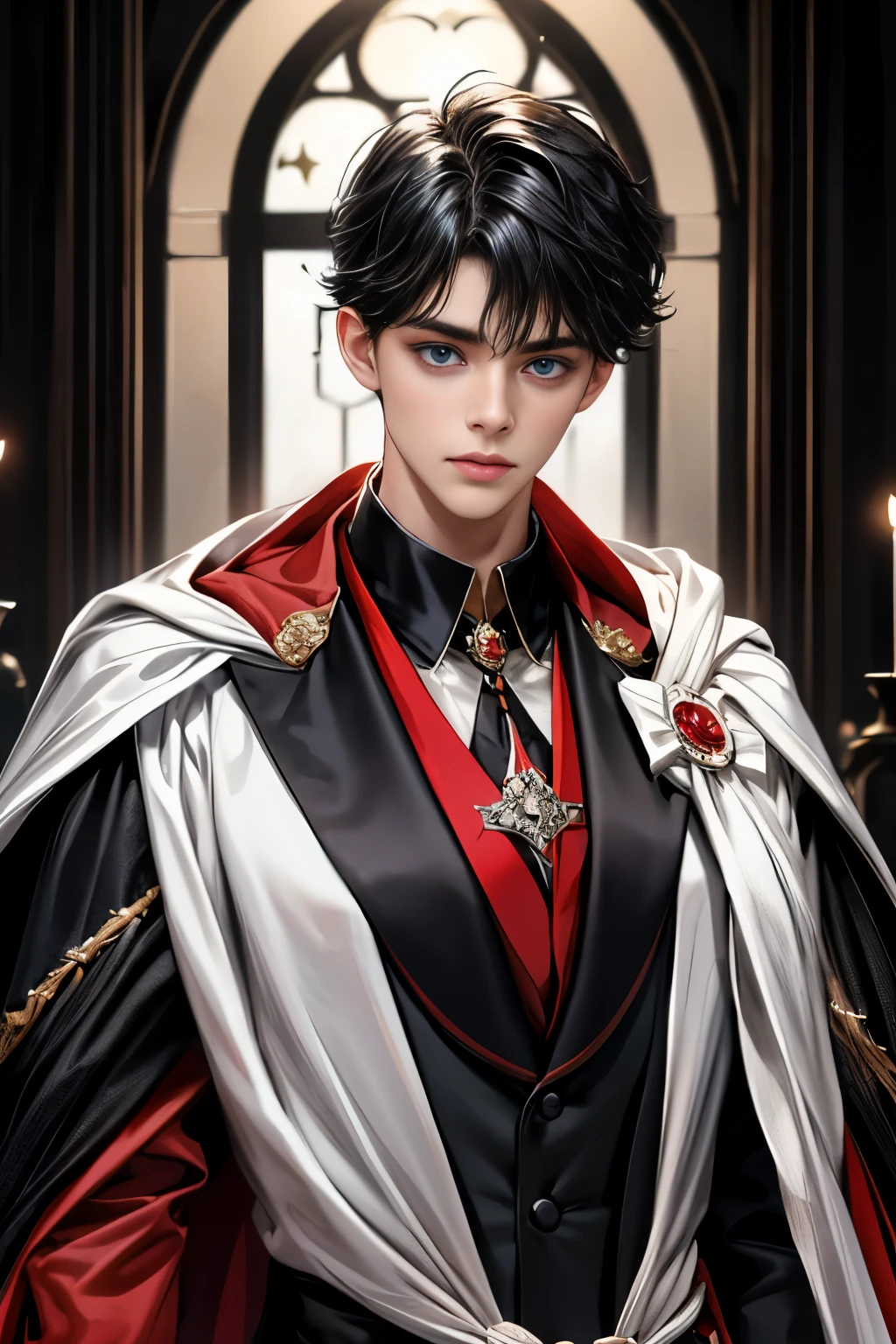 masterpiece, 最high quality, high quality, 1 boy, alone, Male focus, Upper Body,Watching the audience, Messy black hair, Adorable big blue eyes, White, Noble, Noble,A black and red cape that is bursting with sexy volume、Tuxedo、A very voluminous, large, very large, very large, long, long red and black cape with a high stand-up collar, made of a lot of fabric that reaches down to the floor., ,cute beautiful,Cute, cute, kind, handsome guy