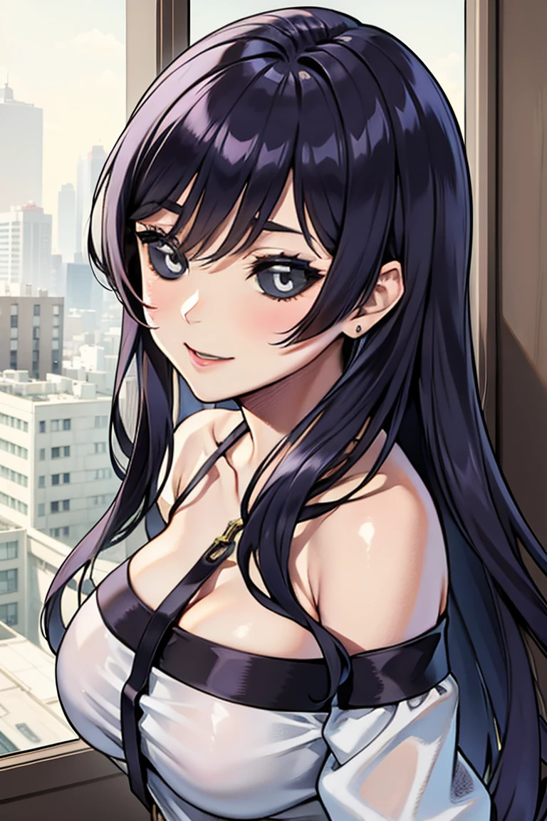 (Masterpiece artwork, the best quality, ultra detaild), 1 girl, KureKarura, gray eyes, cabelo roxo, longye hair, gazing at viewer,black dress with a high neckline, outside the window of a city hotel,