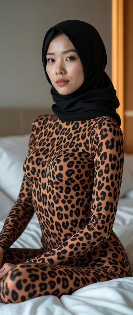 There is one of the most beautiful Malay girls wearing a snake print turtleneck unitard catsuit made of spandex。She wears a snake-patterned Malay hijab made of spandex every day。
