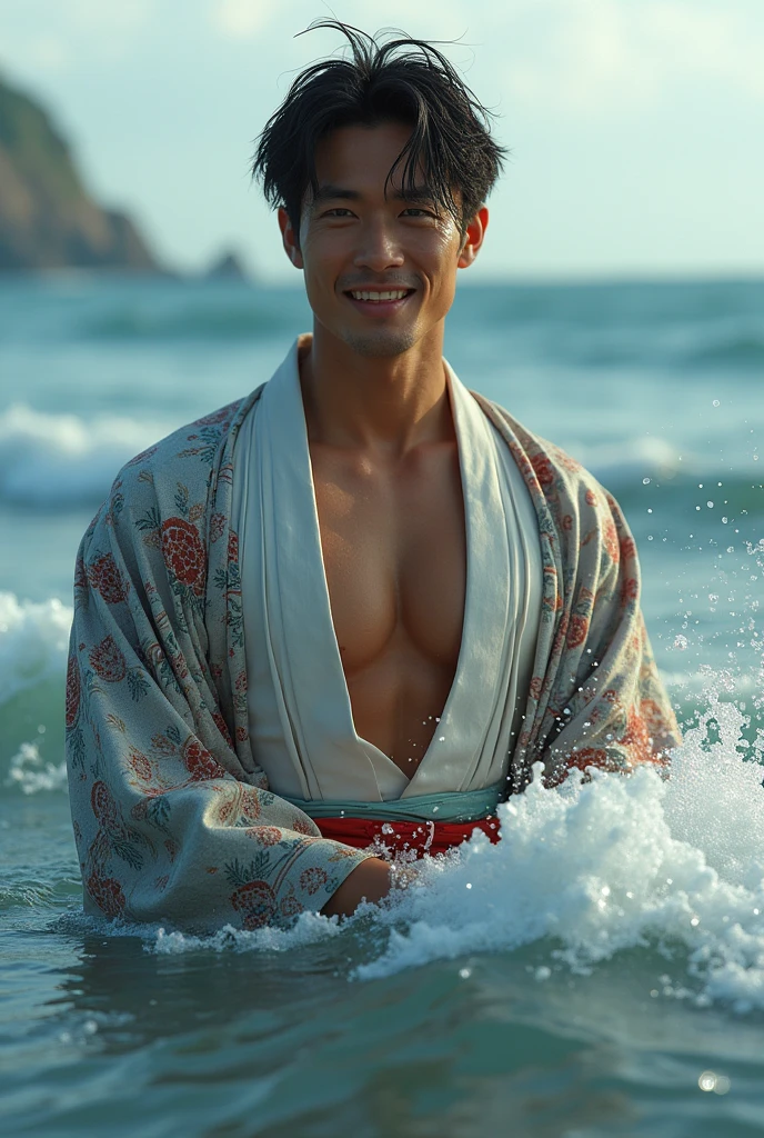 (Photorealistic: 1.2, Best Quality, 8k, Wet: 1.3), (Male: 1.3, 20 years old, Soji Okita, Yukata, Katana, Sweat: 1.2, Wet: 1.2, Chest Hair), Actor, Fine Skin, (Film Lighting), Tan, Soft Light, Double Eyelids, (Seductive), (((Excited))