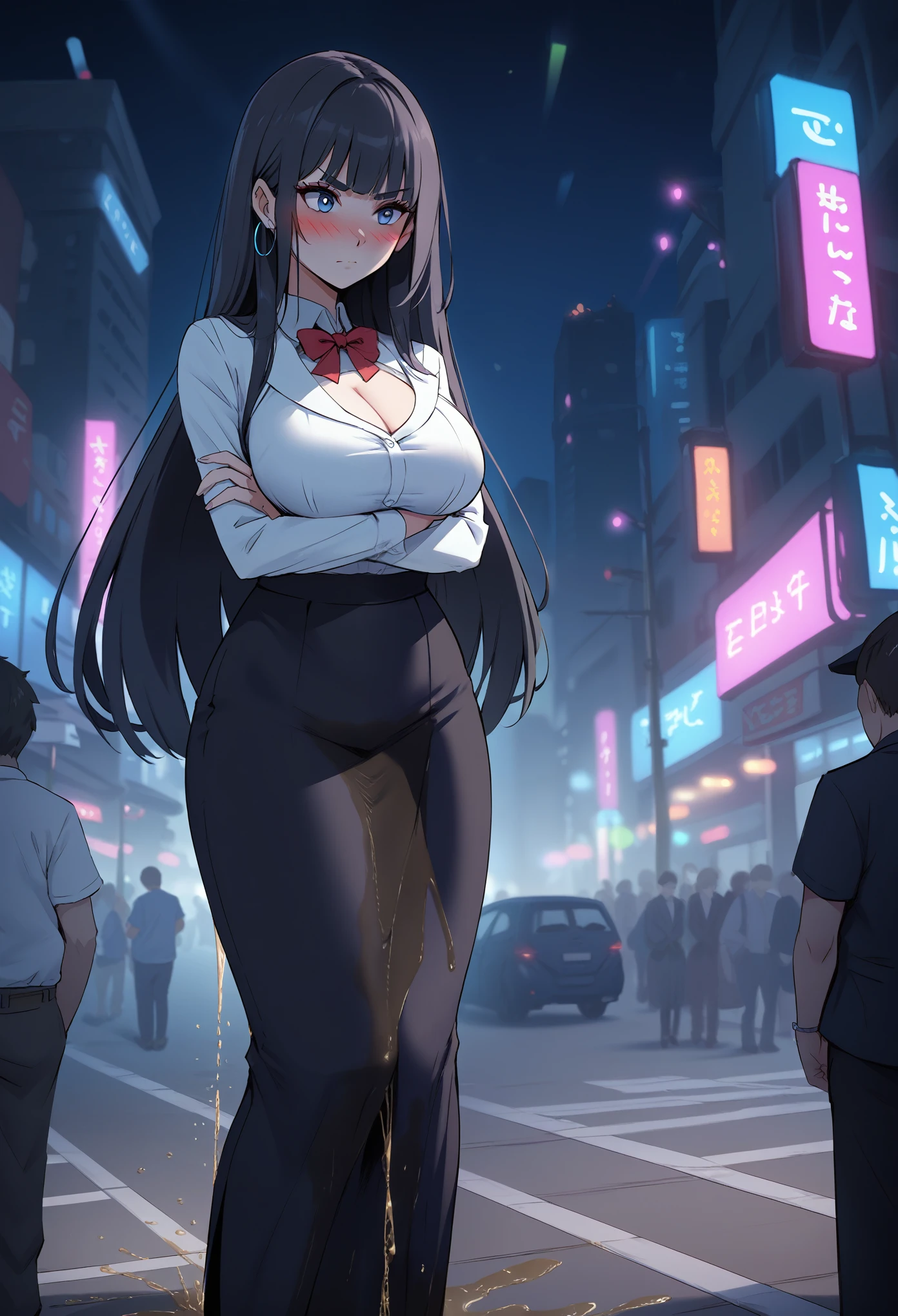 1girl, woman, (wetting self:1.5), desperation, (very long hair:1.5), straight hair, medium bangs, huge breasts, black hair, blue eyes, black pencil skirt, pantyhose, cleavage, (blushing:1.5), humiliation, angry, trembling, (arms crossed:1.5), city, street, crowd, night, futuristic, colorful lights, colorful city
