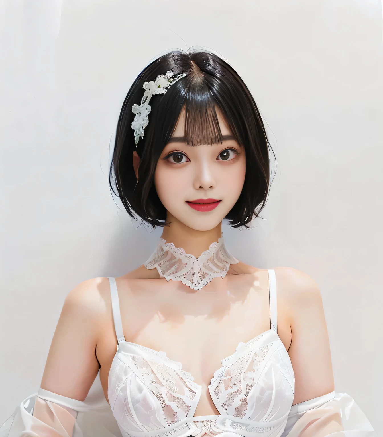 {Straight black hair、Blunt bangs、short hair:1.6}, {{{Hime Cut:1.8}}},,{Top quality},,
BREAK,{{ 1 Girls 18 Yo, Smile}}, {{{Double Eyes:Mascara:1.6}}},{{white Lace Bra:see-through}}, 35mm lens, f/1, cowboy shot, (white background: 1.3)
