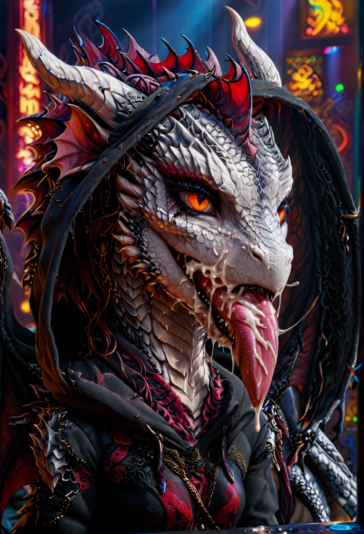 hi res, 8k, (masterpiece), soft shading, ultra detailed, detailed realistic painting, detailed face, hdr, dslr, good anatomy, (masterpiece:1.2), ((best quality)), ((masterpiece)), (detailed), dragon, feral, dragon head, huge dragon, sharp teeth, realistic, adult, solo, mature, small breasts, flat chested, slit pupils, horns, ((dark white skin)), pink eye color, (view from above), provocative look, annoyed face, ((dark white scales)), detailed scales, detailed scales, hoodie, in night club, goth girl, black lipstick, black eyeliner, black clothes, piercing, bored face, eyes rolled back,, dark place, blurred background, (fellatio, licking dark red barbed dragon penis, suck a dick, cocksucker, cum in mouth, cum string, focus on face, cheekpuff, mouth full of cum, holding cum on mouth, excessive cum in mouth, long tongue), cum projectiles from nose, cum jets from nose, cum bubble from nose, cum on forehead, big dark red barbed dragon penis, fellatio, blowjob, penis penetrating mouth