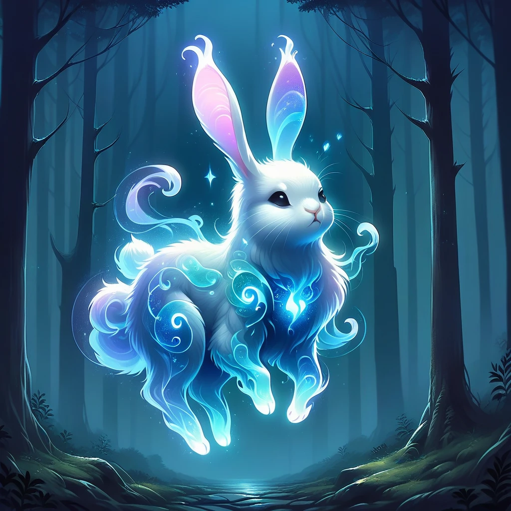 Spirit animal, score_9, score_8_up, score_7_up, score_6_up, score_5_up, score_4_up, ethereal ghost rabbit, deep in the forest of night, glowing