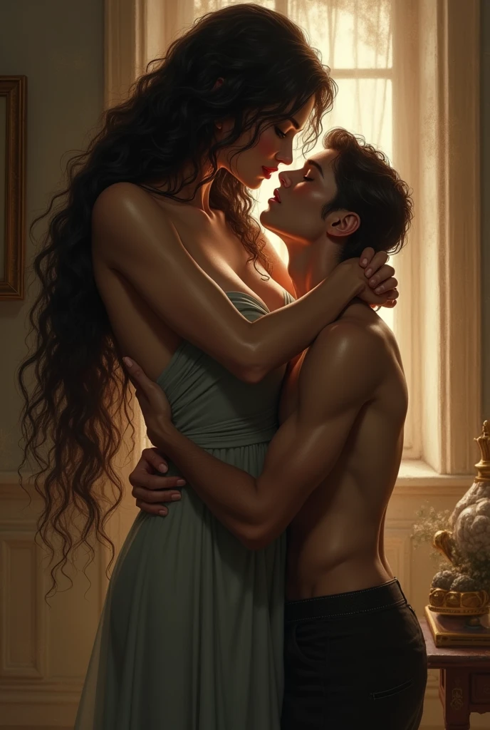 Queen Catherine lay on a pile of hay with a man on top of Catherine without any clothes, a romantic atmosphere in the warmth of love