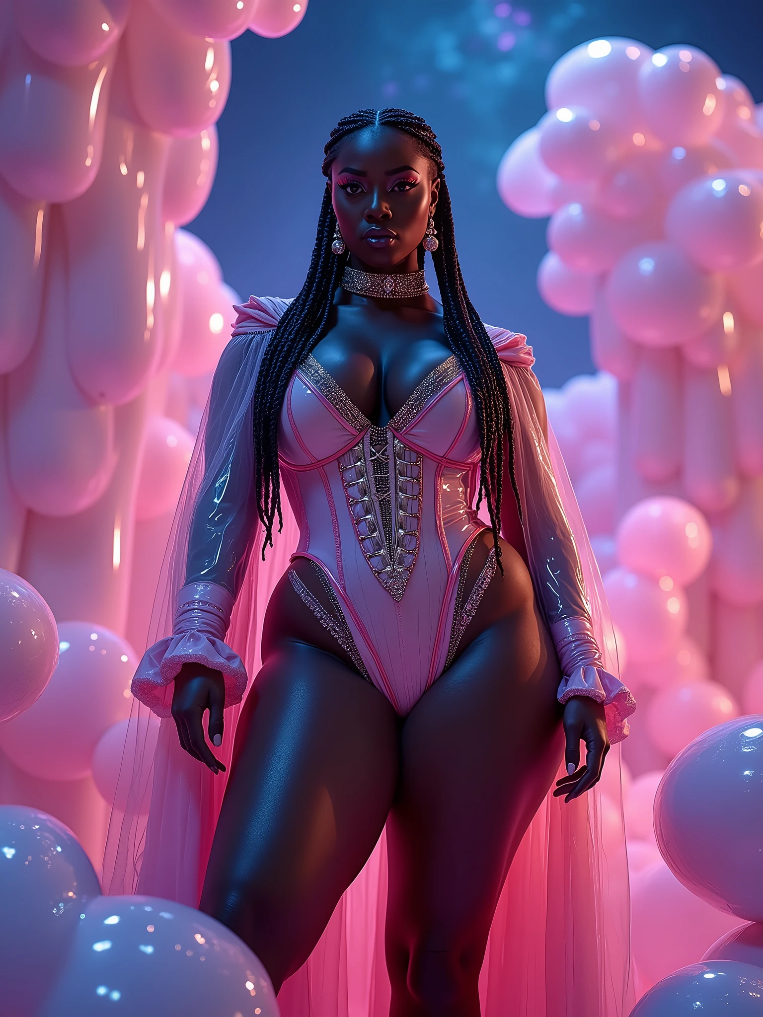 Dark skinned black woman, pink box braids with white beads at the end, big breast, wearing a black jumpsuit