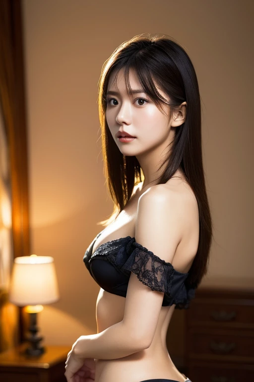 1girl, a woman standing, masterpiece, best quality, highest quality, cinematic lighting, (volumetric lighting), extremely detailed CG unity 8k wallpaper, focused, 8k wallpaper, extremely detailed, ultra realistic, photorealistic, sharp focus, absurdres, (HDR:1.2), (high contrast), photograph, detailed and intricate, instagram, portrait, highly detailed, digital painting, artstation, concept art, smooth, sharp focus, illustration, cinematic lighting, (natural large breast), (expensive small size string G-string: 1.1), crimson red cup-less lingerie, crotch-less crimson red thong outfit, ((eyes looking at the viewer)), (skinny), (human skin), ((Half body shot)), ((long hair)), show bare thighs.