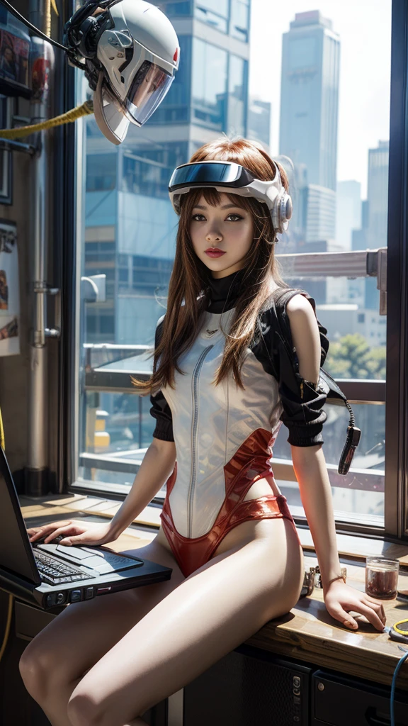 Asuka Langley from Evangelion, plug suit, wearing VR helmet, hacking on a computer. cyberpunk 2077 cityscape, art by J.C. Leyendecker, anime style, key visual, vibrant, studio anime, highly detailed