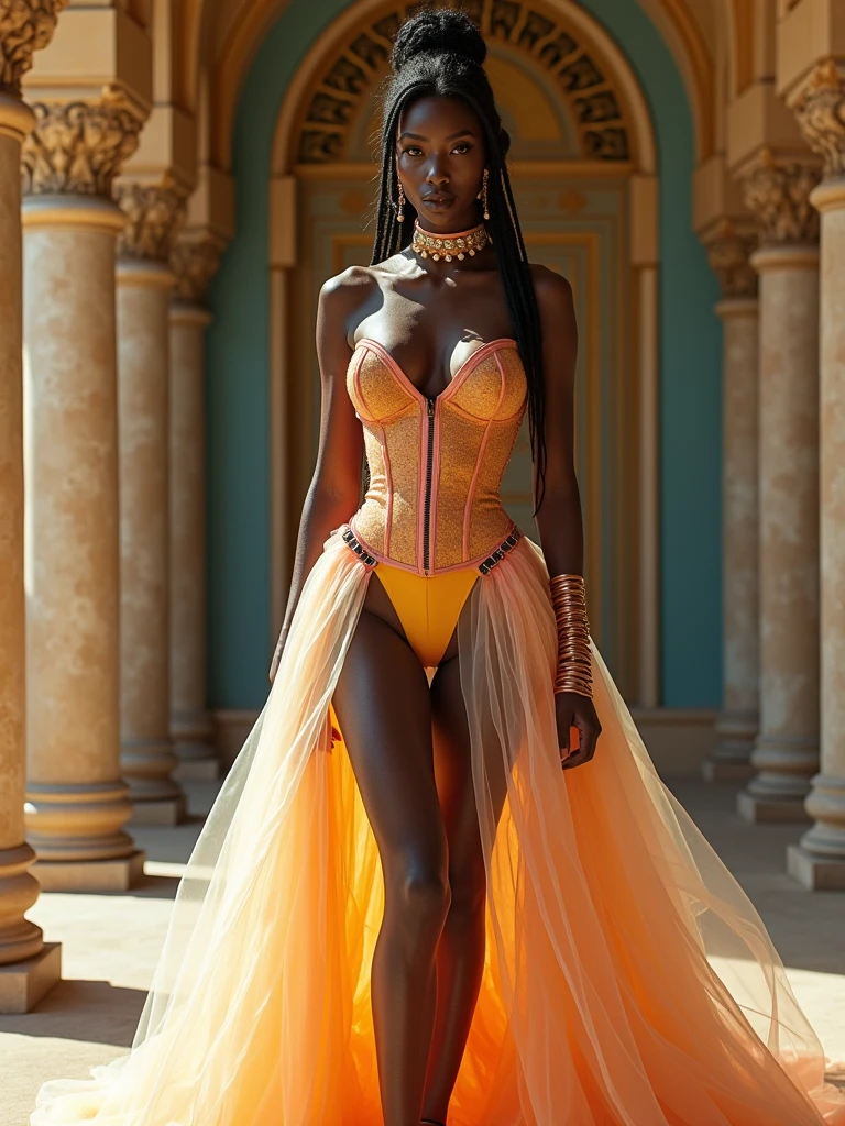 A Black woman in her early 20s with long straight black hair, wearing a gold embellished bra and a yellow skirt. She has a crown on her head and is adorned with jewelry, including earrings and a necklace. The background is a solid pink color