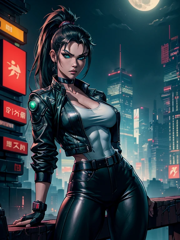 (masterpiece, best quality, 8k, sharp focus, depth of field, best shadows, perfect lights, HDR, realistic skin texture, hyper detailed background), Anime style, Long Angle Shot, ((CYBERPUNK THEME)), solo, 1 woman, she is a mercenary, (green eyes, white skin, black hair with ponytail, choker, small breasts, slim, makeup, Eyeliner, gloss), she is doing a job on a futuristic korean city, holding a Tech-katana with a strong grip, night, sky, waning moon, wearing a nice tech-jacket and leather pants.