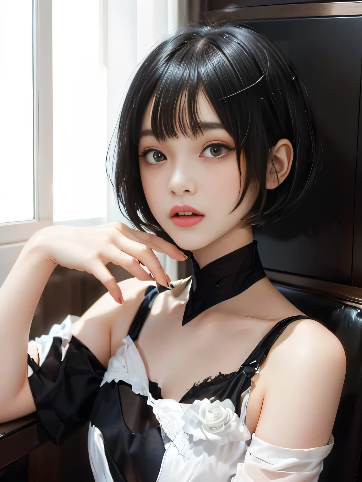 {Negative Space:Excellent},{{{Head Excellent}}}, {{{Written boundary depth}}},{Blur the background}}},,{{{{A black-haired girl is sitting on a chair:White bra}}}}, {short hair}, {with a Bobcut}, {,Hime cut Hair}, {Bobcut Hair}, {Hime cut}, , Hime cut Hair, Short black hair, short hair, {{bangs}}, Bobcut, Bobcut , Black bob hair,{{{Simple Background:1.6}}}
