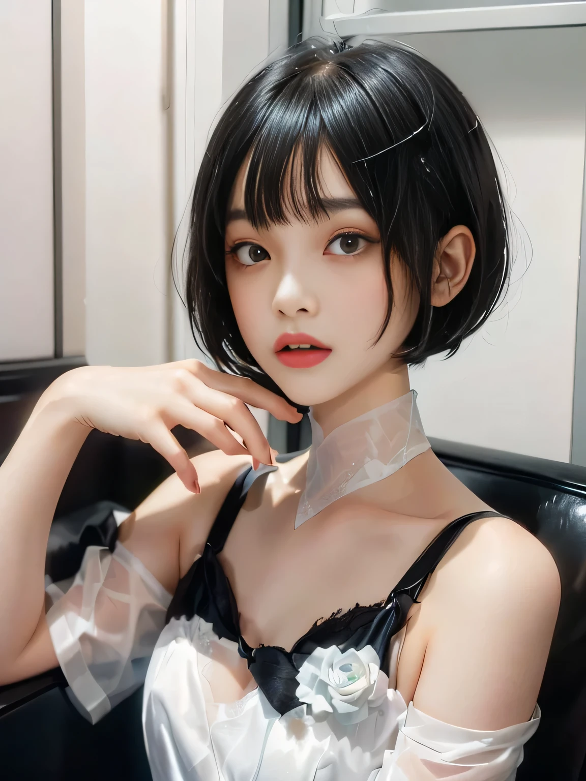 {Negative Space:Excellent},{{{Head Excellent}}}, {{{Written boundary depth}}},{Blur the background}}},,{{{{A black-haired girl is sitting on a chair:White bra}}}}, {short hair}, {with a Bobcut}, {,Hime cut Hair}, {Bobcut Hair}, {Hime cut}, , Hime cut Hair, Short black hair, short hair, {{bangs}}, Bobcut, Bobcut , Black bob hair,{{{Simple Background:1.6}}}
