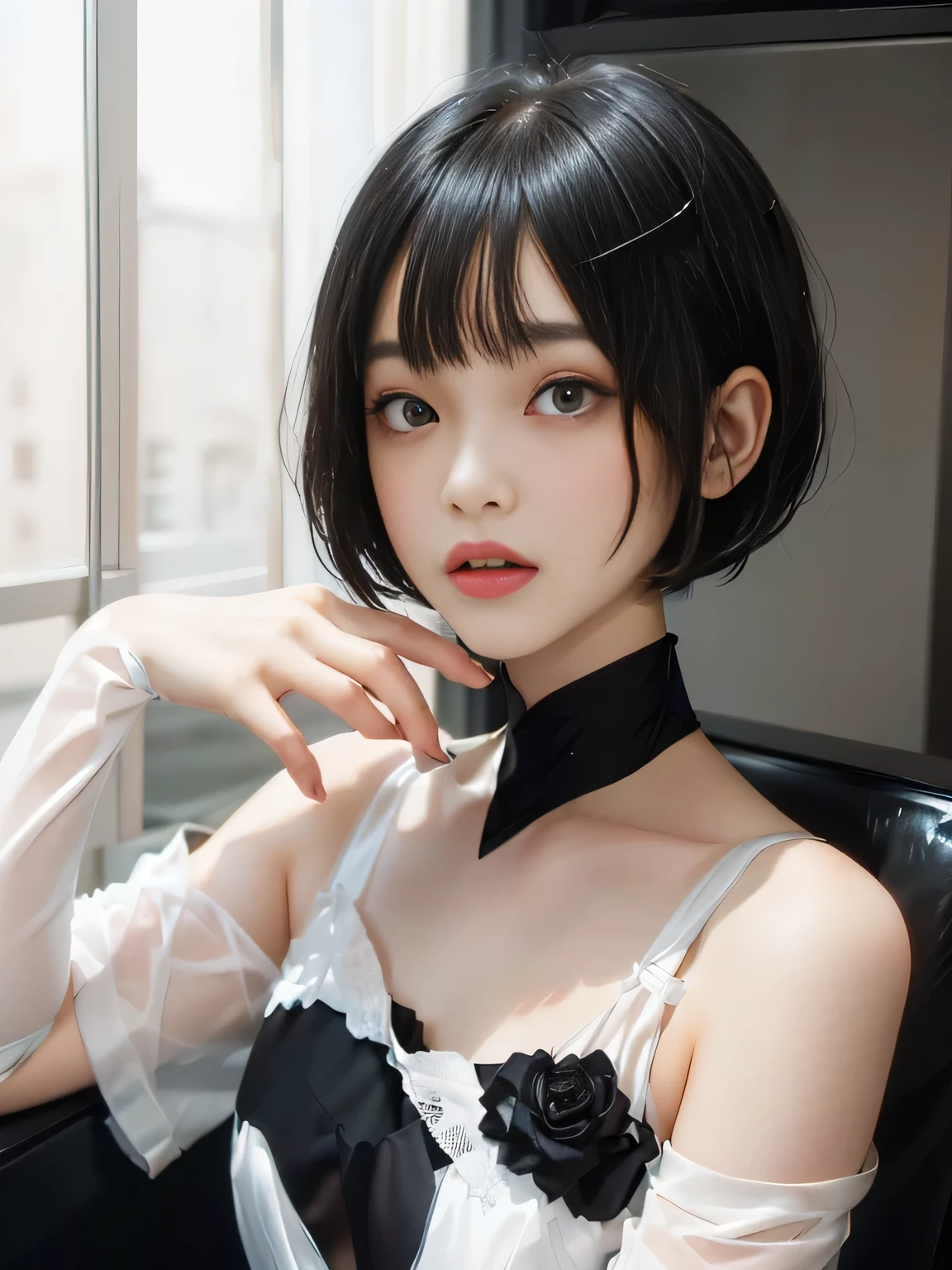 {Negative Space:Excellent},{{{Head Excellent}}}, {{{Written boundary depth}}},{Blur the background}}},,{{{{A black-haired girl is sitting on a chair:White bra}}}}, {short hair}, {with a Bobcut}, {,Hime cut Hair}, {Bobcut Hair}, {Hime cut}, , Hime cut Hair, Short black hair, short hair, {{bangs}}, Bobcut, Bobcut , Black bob hair,{{{Simple Background:1.6}}}
