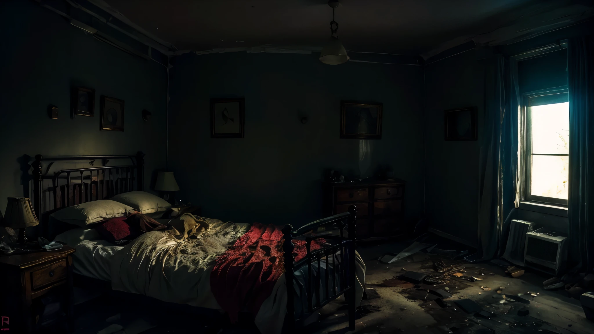 horror scene, knife, dark rooms, glowing eyes, girl, chiaroscuro, dithering, depth of field, cinematic lighting, wide shot, multiple views, Ultra-Wide Angle, masterpiece, (best quality:1.2), HDR, UHD, retina, textured skin, 4K, super detail, high details, bloom, ray tracing