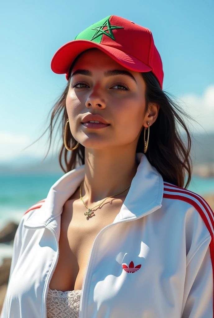 Beautiful plump woman, wearing white and red adidas jacket, and a baseball cap with Algerian flag, high quality, coastal background, beautiful lighting, perfect clarity of the entire image, sharpness of face and eyes, complex details 64k 32k HDset