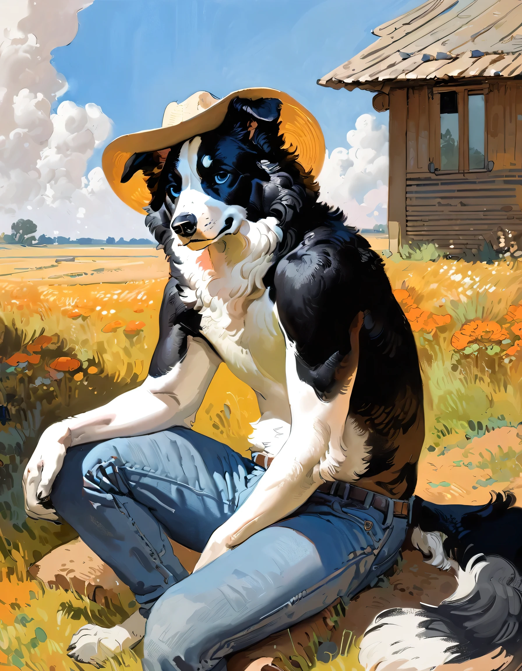 (Border Collie), solo, male, (anthro), (by seyorrol), ((intricate detailed background, prairie background, focus on cloudy sky)), (realistic shading), mysterious shadows, (epic, masterpiece, high quality, 8k, ultra HD, absurd res, top quality, best quality, max quality, masterpiece), (sitting on ground), ((realistic blue eyes, relaxed, squinting)), ((candid photography)), (dynamic lighting), detailed fur, ((cowboy jeans)), full body, shirtless, digitigrade, tail, (asymmetrical composition)