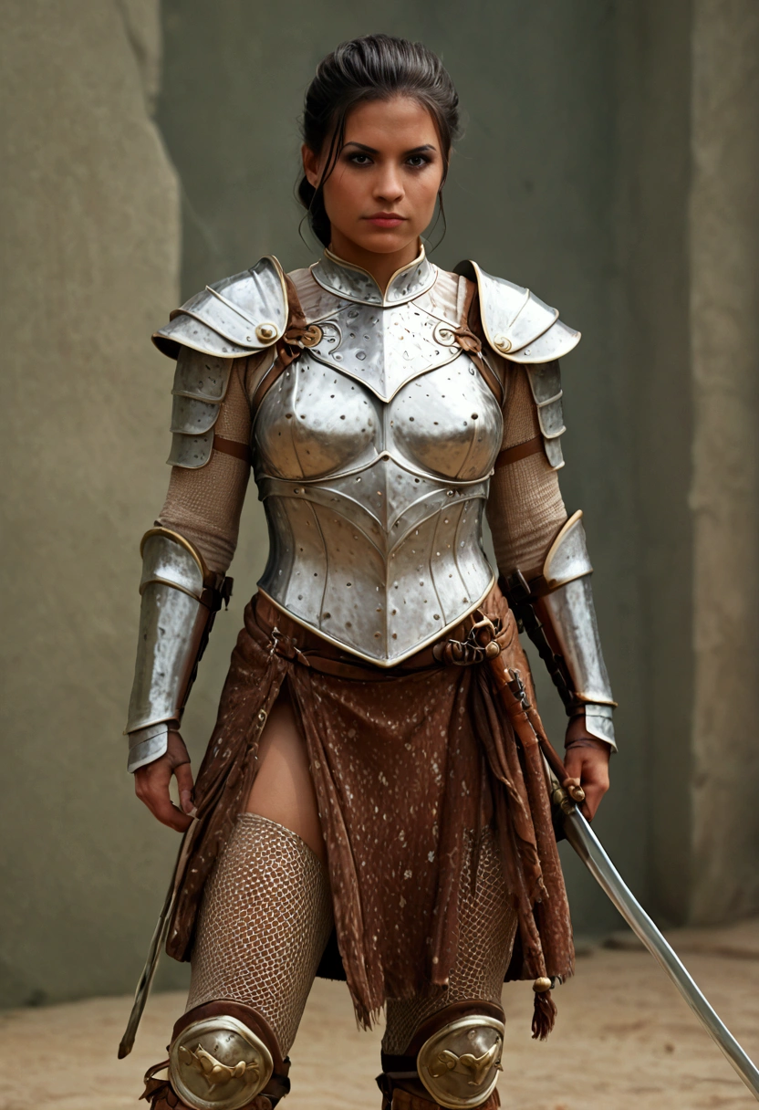 Dark fantasy female warrior, with intricate armor and a powerful stance, set in a realistic, atmospheric scene.