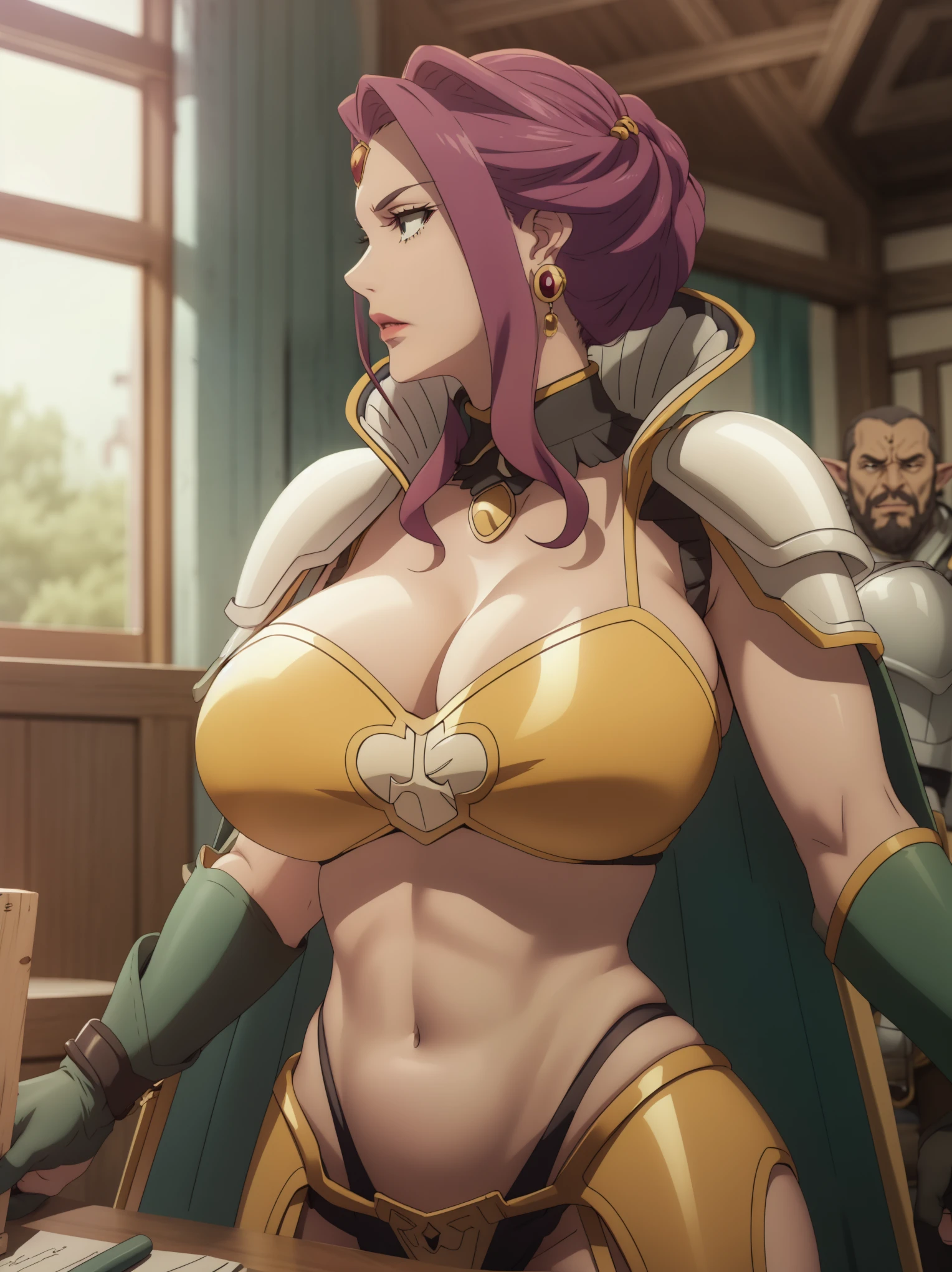 Close-up shot face profile of 1milf, surrounded by group of orcs, BREAK, purple hair, brown gloves, bikini armor, loincloth, green cape, (masterpiece, top quality, best quality, official art, beautiful and aesthetic:1.2), (1 girl), extreme detailed, colorful, highest detailed, (huge breasts:1.2), cameltoe, white panties, skirt lift, room, indoors,big breasts, upper body, highres