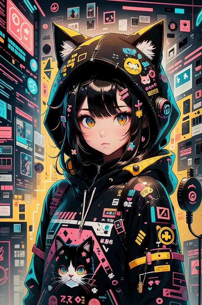 anime girl with black hair and a cat hat, anime style illustration, moe artstyle, wallpaper 8 k, digital illustration, beautiful catgirl, she wears a hoodie with animal ears and technowear technology, futuristic fashion in black and holographic colors, many details and buttons on it, cables coming out of the sleeves, the background is that of a simple pattern with cat motifs and paws