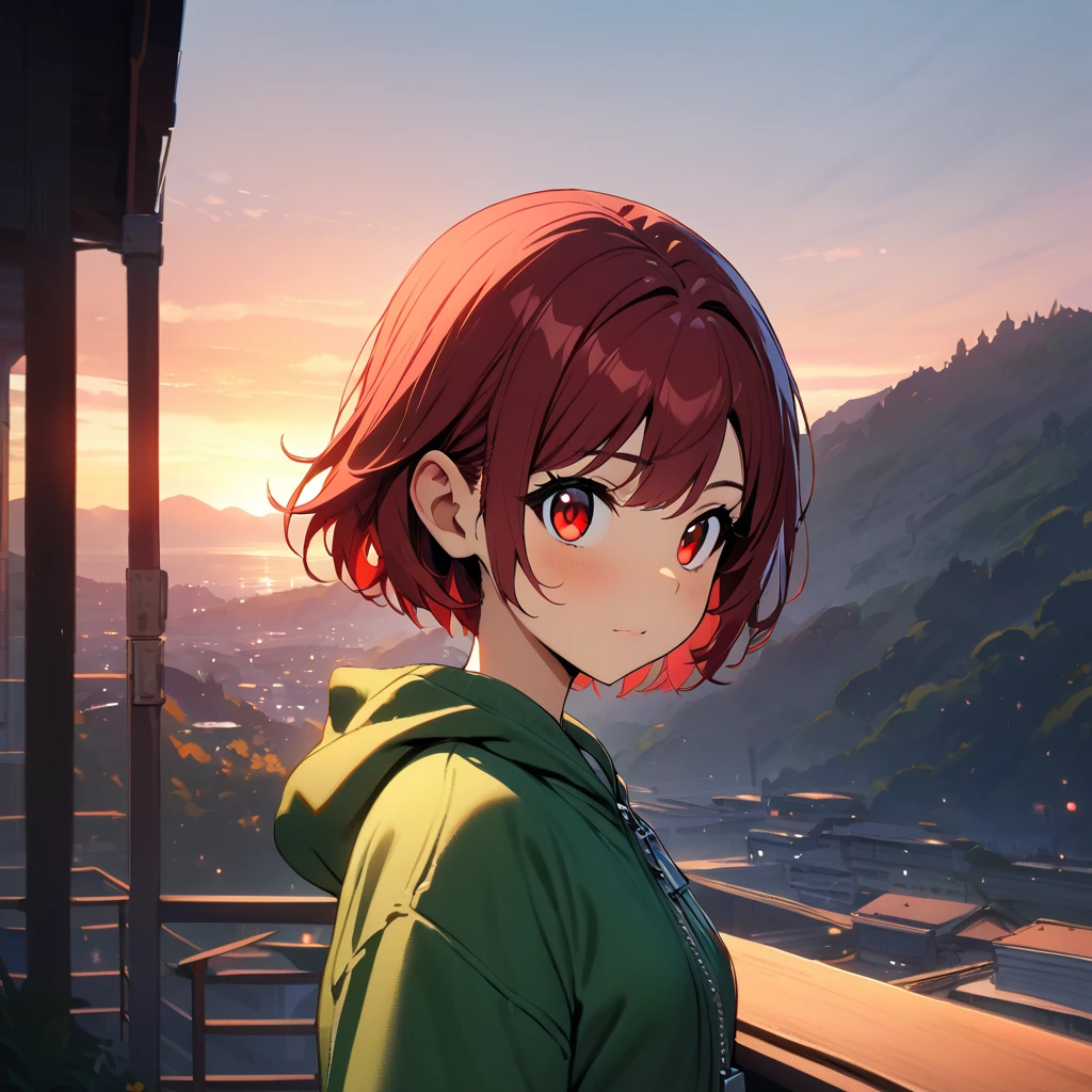 (masterpiece, best quality, high resolution:1.2), 1girl, solo, looking at viewer, short hair, simple background, red eyes, white background, upper body, red hair, hood, hoodie, green hoodie, scenery, zipper, sunset, sky