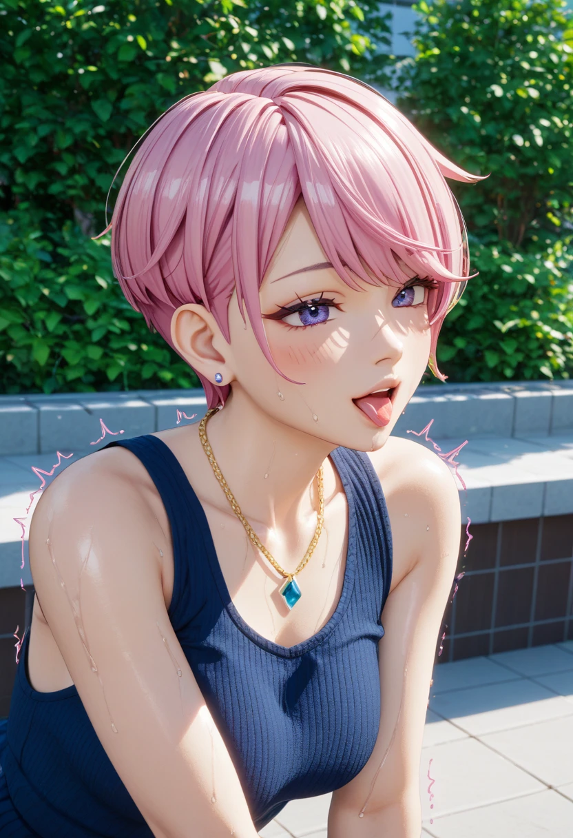 (Highest quality, 4K, 8k, High resolution, masterpiece:1.2), Very detailed, Picturesque, Anime style photo, Photo Anime:1.37)、a beautiful japanese girl、gyaru、pink hair、pixie cut、High neck sleeveless shirt、checked scart、pierce、necklace、bracelet、ecstasy face、orgasm face、trembling、vapor、sweat、